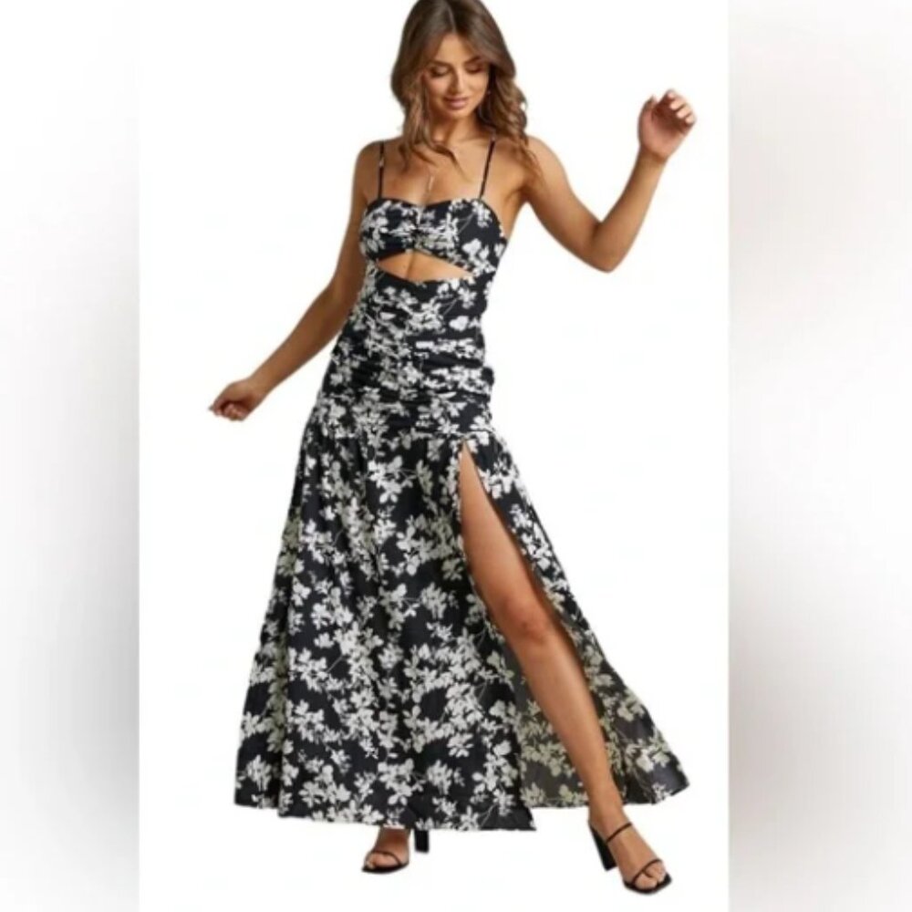 Showpo Mikaela Ruched Front Maxi Dress with Cut Out in Black Floral